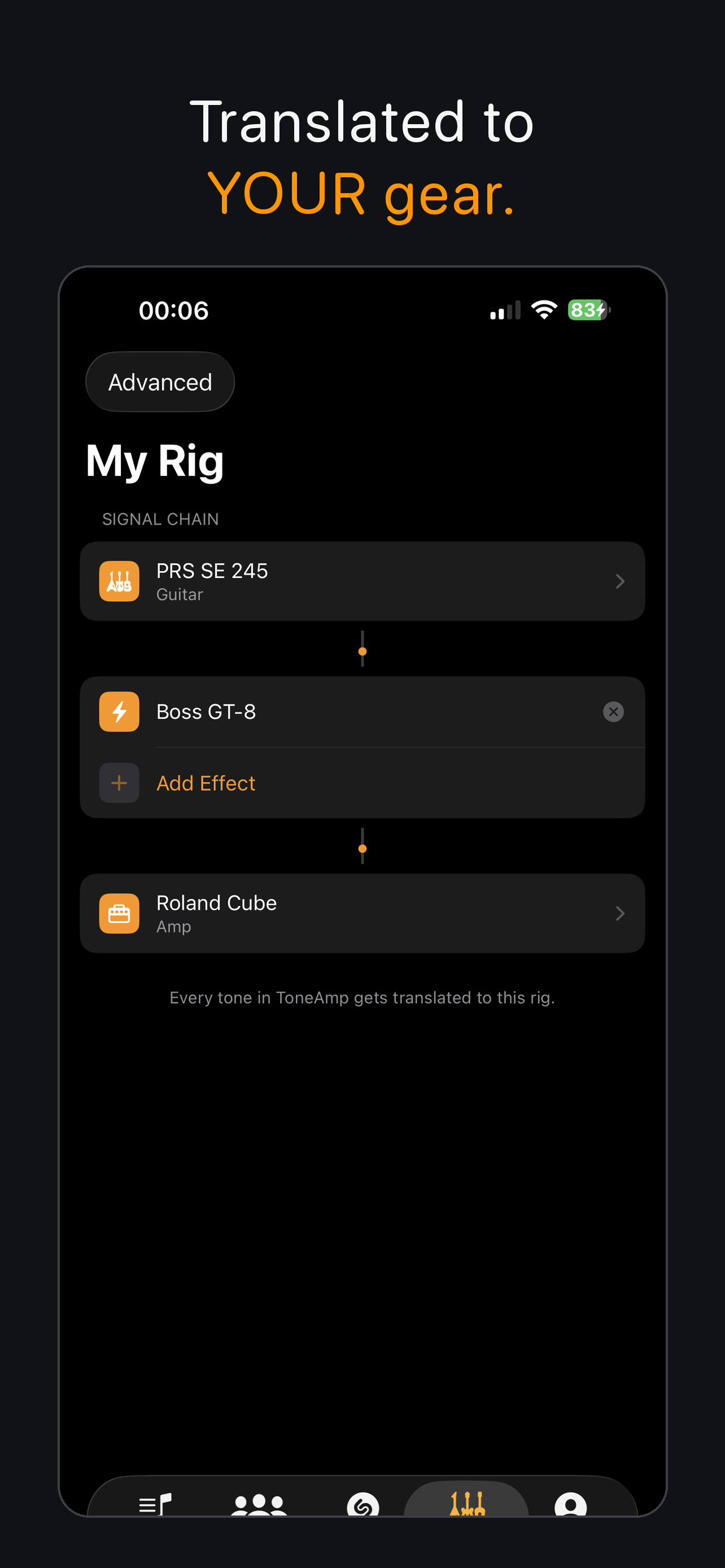 ToneAmp My Rig signal chain screen